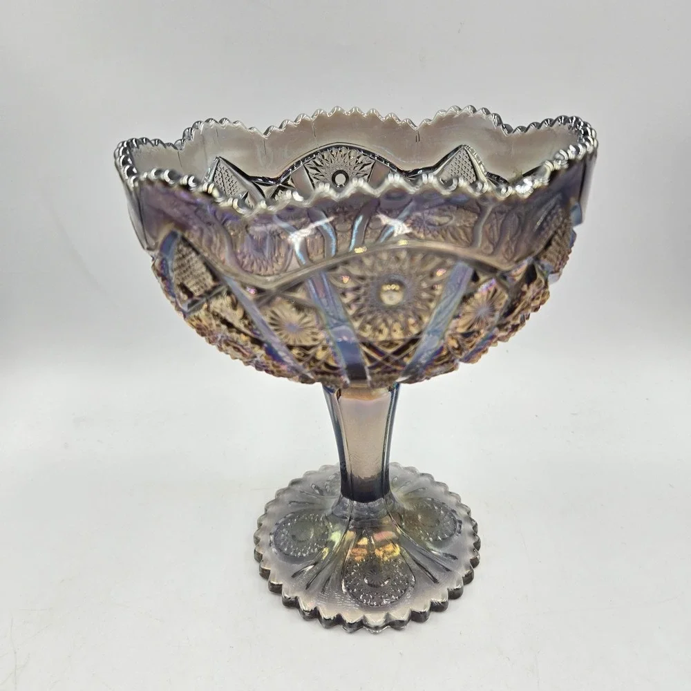 Vintage Imperial Glass Octagon Compote Smoke Carnival Glass Pedestal Candy Dish